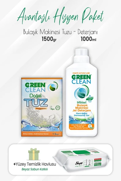 Green Clean Bulaşık Makinesi Jel Deterjan 1 lt, Makinesi Tuzu 1,5 kg ve Easy Yüzey Temizlik 100' lü