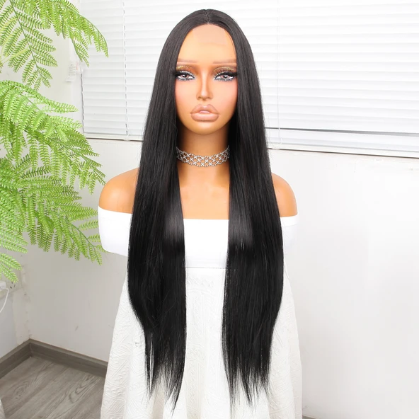 Siyah Düz Uzun Tül Peruk - Resim 5