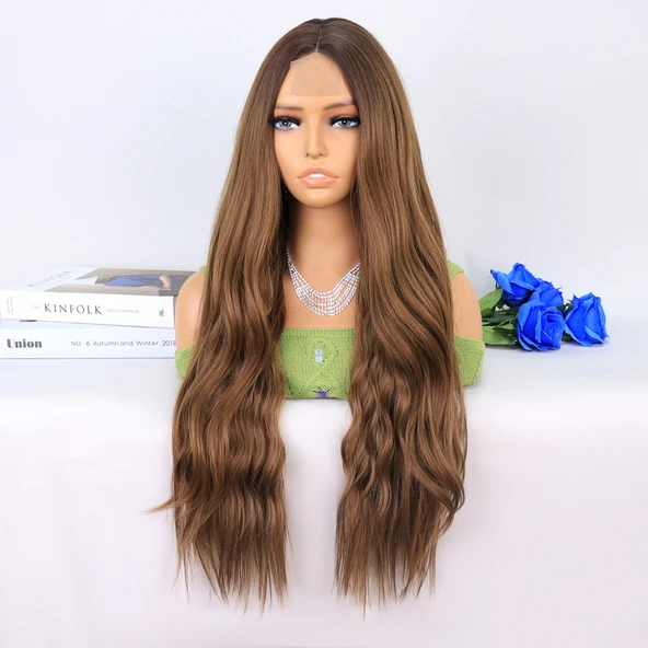 Koyu Kumral Açık Kumral Ombreli Tül Peruk - Resim 3