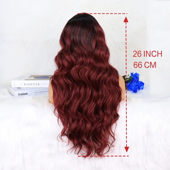 Siyah Koyu Kızıl Ombreli Dalgalı Tül Peruk - Resim 5