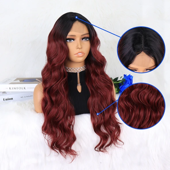 Siyah Koyu Kızıl Ombreli Dalgalı Tül Peruk - Resim 4