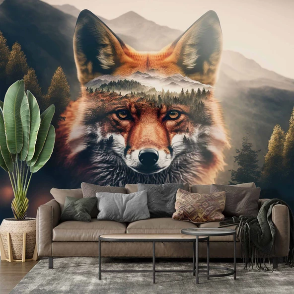 Orman ve Dağ Kurt Manzaralı Duvar Kağıdı Baskı ürün görseli