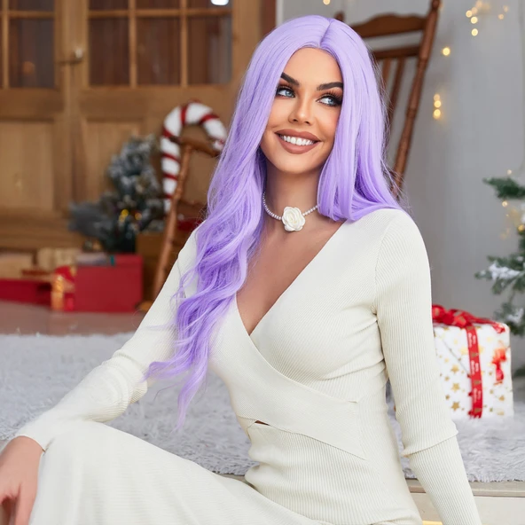 Su Dalgalı Açık Mor Tül Peruk - Resim 4