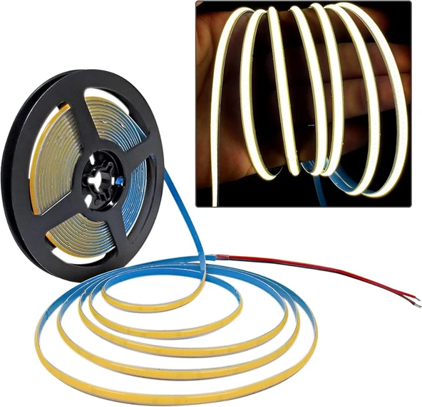 COB Led şerit 5metre 12V 480LED/m 3000K sıcak beyaz 10W 8mm IP20 aydınlatma ışık hortum kendinden yapışkanlı - 10