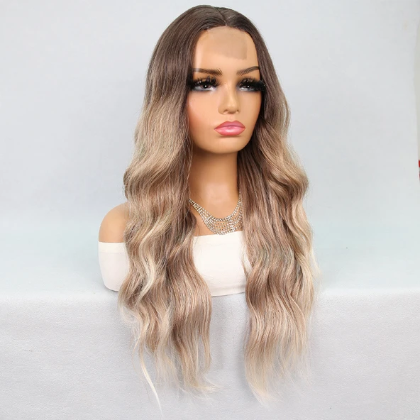 Kumral Platin Ombre Balköpüğü Röfleli Tül Peruk - Resim 3