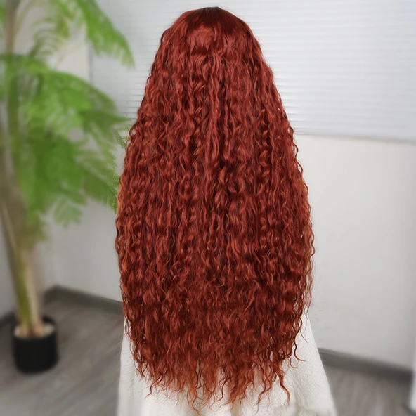 Afro Dalga Koyu Bakır Fiber Sentetik T Tül Peruk - Resim 4
