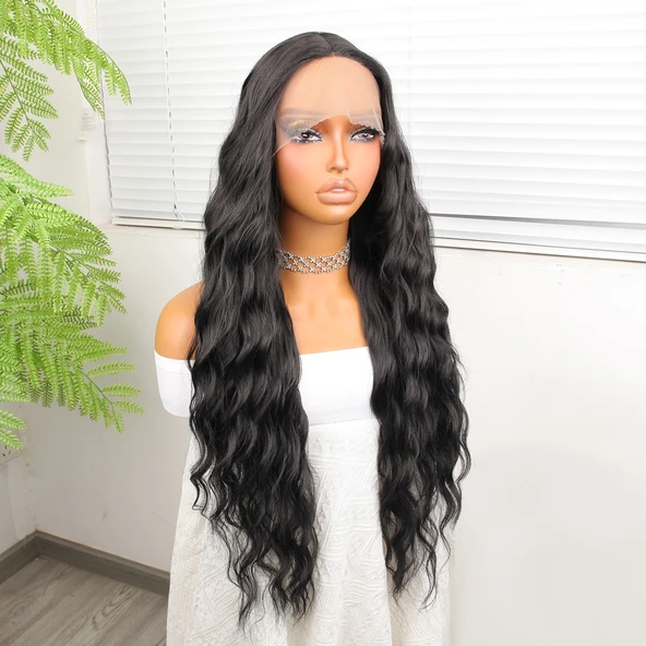 Siyah Su Dalgalı Fiber Sentetik Tül Peruk - Resim 4