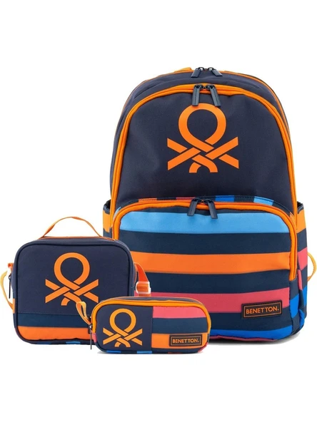United Colors of Benetton Çift Ana Gözlü Şerit Detaylı Erkek Çocuk 3'lü Okul Çantası Seti