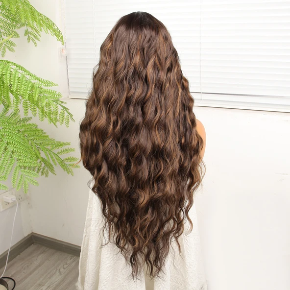 Kahverengi Balköpüğü Işıltılı Su Dalgalı Tül Peruk - Resim 4