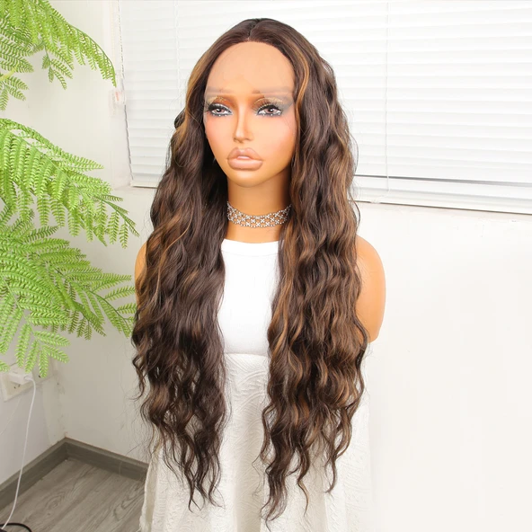 Kahverengi Balköpüğü Işıltılı Su Dalgalı Tül Peruk - Resim 3