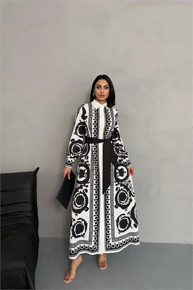 Dipmoda kadın kuşaklı uzun tasarım elbise DPMS2504 - 1