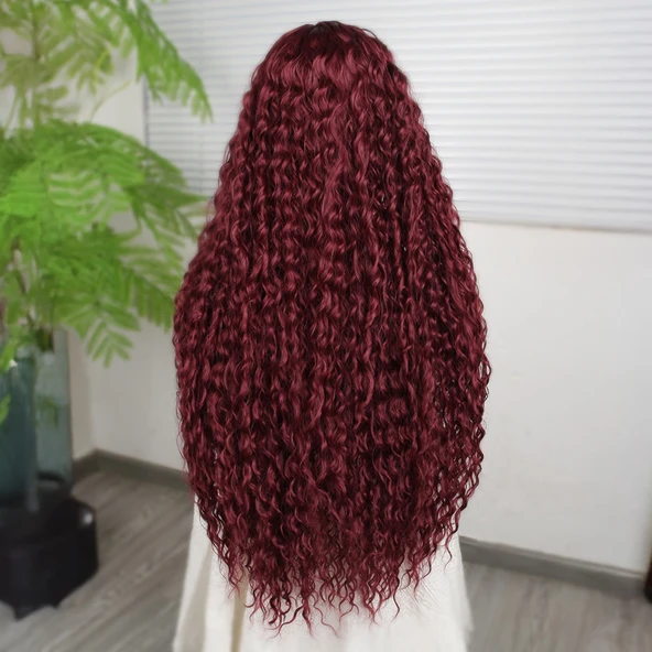 Afro Dalga Koyu Kızıl Fiber Sentetik T Tül Peruk - 4