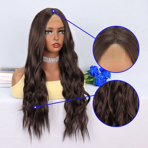 Koyu Kumral Dalgalı Uzun Tül Peruk - Resim 4