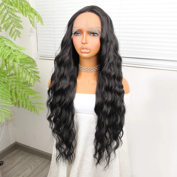 Siyah Su Dalgalı Fiber Sentetik Tül Peruk - Resim 3