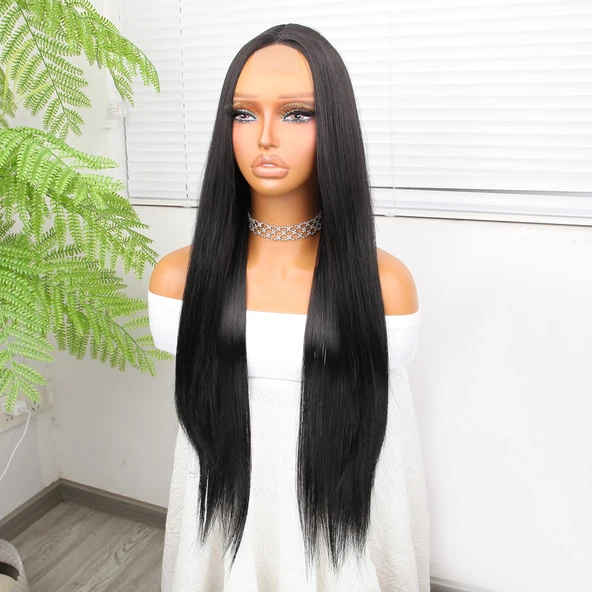 Siyah Düz Uzun Tül Peruk - Resim 3