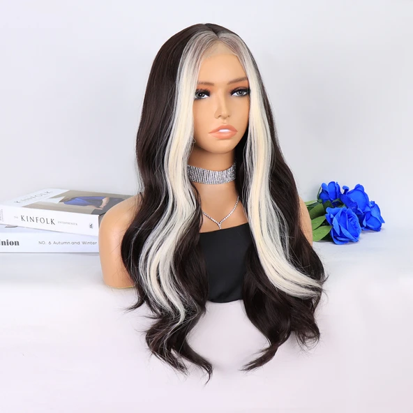 Koyu Kumral Perçemler Beyaz Platin Tül Peruk - Resim 2