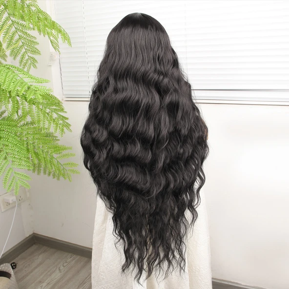 Siyah Su Dalgalı Fiber Sentetik Tül Peruk - Resim 2