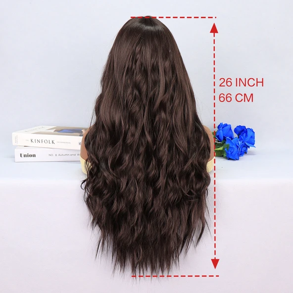 Koyu Kumral Dalgalı Uzun Tül Peruk - Resim 5