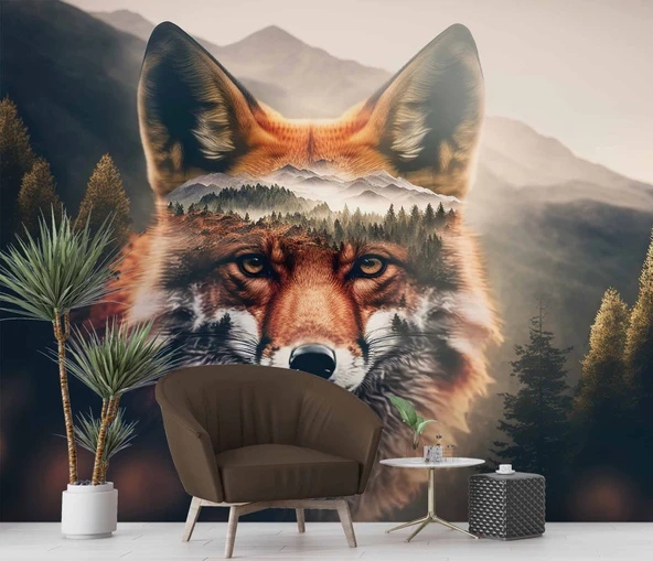 Orman ve Dağ Kurt Manzaralı Duvar Kağıdı Baskı - Resim 5