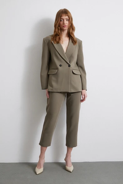 Önü Pensli Skinny Kumaş Pantolon Haki - Resim 3