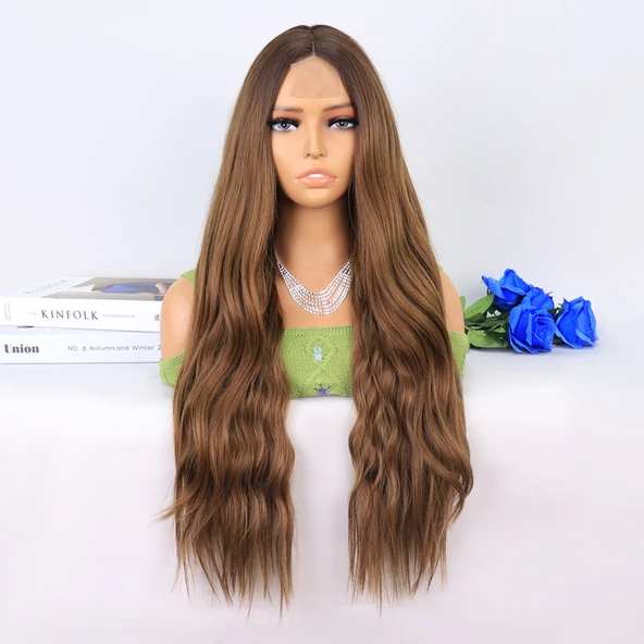 Koyu Kumral Açık Kumral Ombreli Tül Peruk - Resim 5