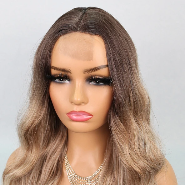 Kumral Platin Ombre Balköpüğü Röfleli Tül Peruk - Resim 6