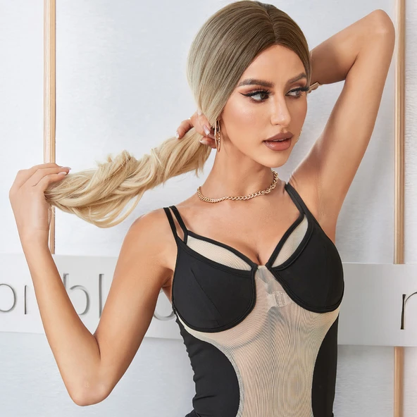 Açık Kumral Platin Ombreli Dalgalı Tül Peruk - Resim 5