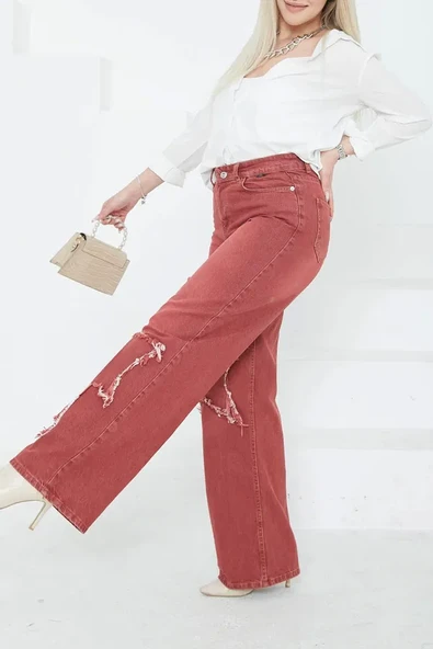 Kadın Yüksel Bel Püskül Detaylı Palazzo Jean Kot Pantolon - 5