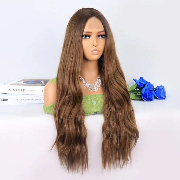 Koyu Kumral Açık Kumral Ombreli Tül Peruk - Resim 2