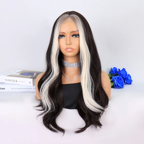 Koyu Kumral Perçemler Beyaz Platin Tül Peruk - Resim 3