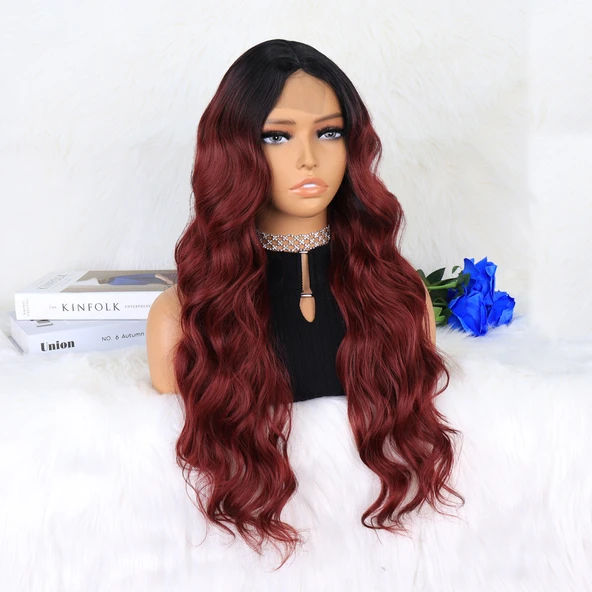 Siyah Koyu Kızıl Ombreli Dalgalı Tül Peruk - Resim 2