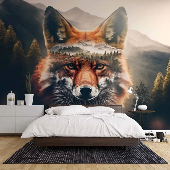 Orman ve Dağ Kurt Manzaralı Duvar Kağıdı Baskı - Resim 2