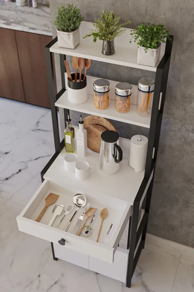 modüleva Beyaz Çekmeceli 2 Kapaklı Çok Amaçlı Dolap Mutfak Bangosu Mikrodalga Fırın Mini Fırın Dolabı - 4