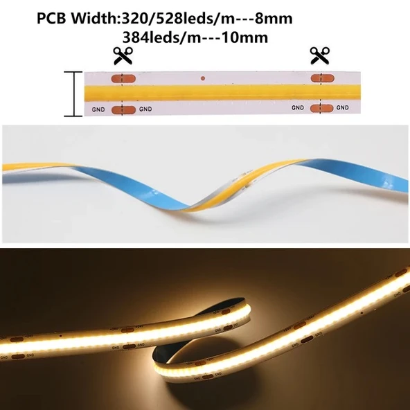 COB Led şerit 5metre 12V 320LED/m 3000K sıcak beyaz 10W 8mm IP20 aydınlatma ışık hortum kendinden yapışkanlı - 2