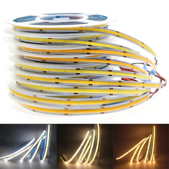 COB Led şerit 5metre 12V 320LED/m 3000K sıcak beyaz 10W 8mm IP20 aydınlatma ışık hortum kendinden yapışkanlı - 12