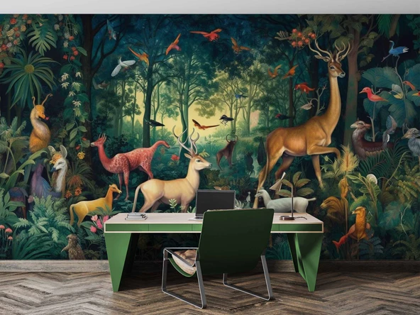 Orman Geyik Kuş Duvar Kağıdı Baskı - Resim 4