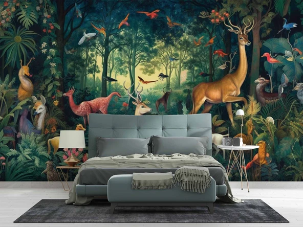 Orman Geyik Kuş Duvar Kağıdı Baskı - Resim 2