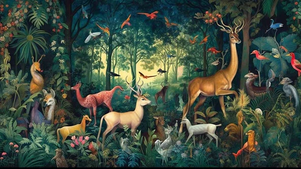 Orman Geyik Kuş Duvar Kağıdı Baskı - Resim 7