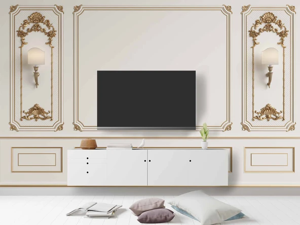 3D Beyaz Sütun Altın Motif Panel Duvar Kağıdı Baskı - 3