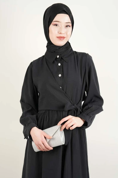 Bayan Elbise - Elmas Düğmeli Elbise Cupra Modal Elbise Siyah - 2