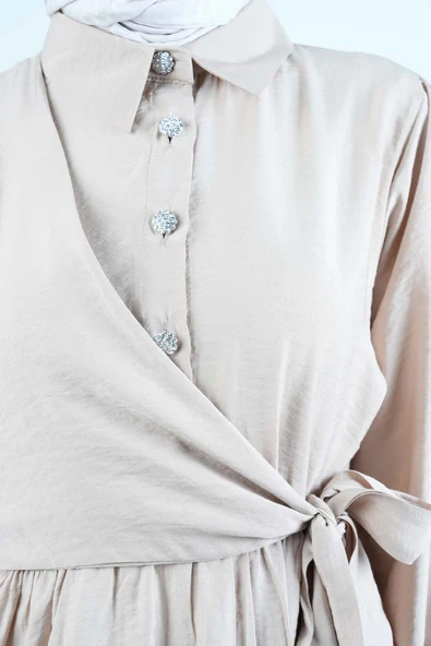 Bayan Elbise - Elmas Düğmeli Elbise Cupra Modal Elbise Krem - 4