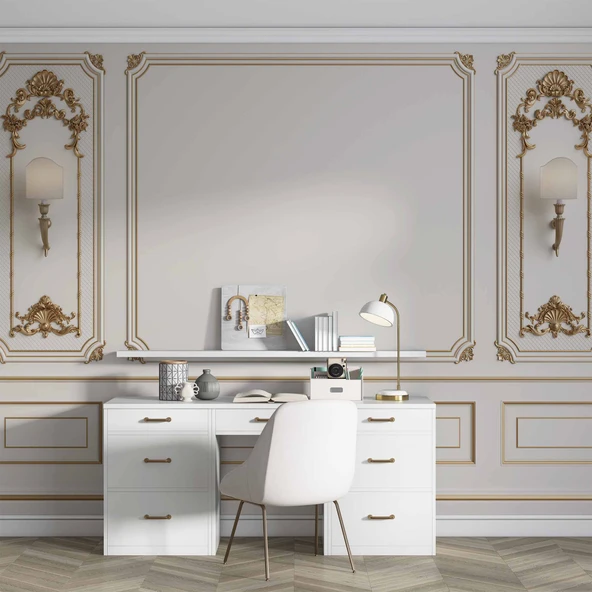 3D Beyaz Sütun Altın Motif Panel Duvar Kağıdı Baskı - 4