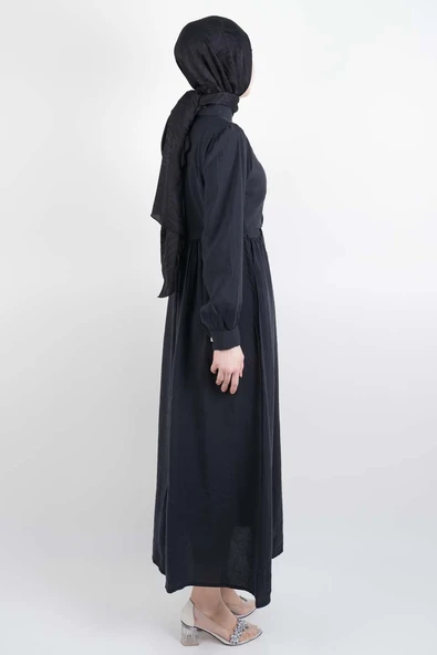 Bayan Elbise - Elmas Düğmeli Elbise Cupra Modal Elbise Siyah - 3