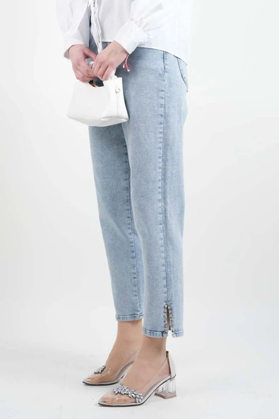Kot Pantolon Bayan Yan Yırtmaç Taş Detaylı Denim Pantolon Açık Mavi