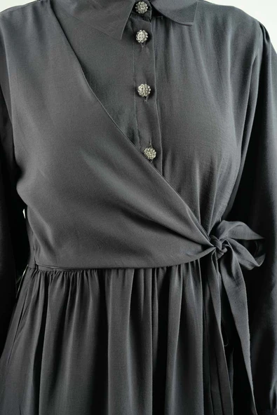 Bayan Elbise - Elmas Düğmeli Elbise Cupra Modal Elbise Antrasit - 4