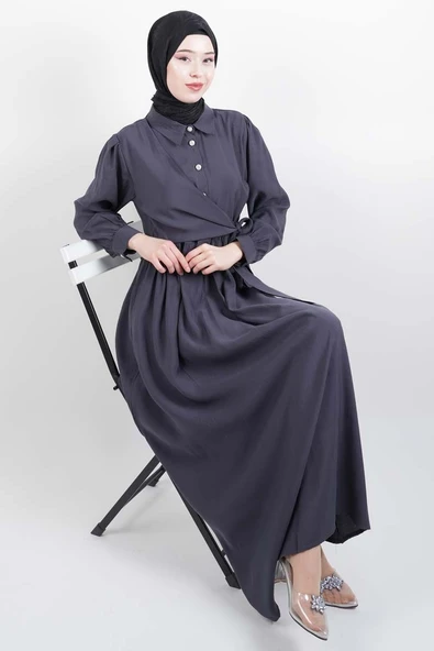 Bayan Elbise - Elmas Düğmeli Elbise Cupra Modal Elbise Antrasit