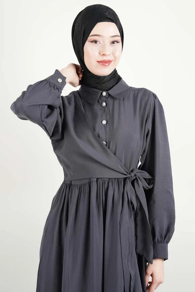 Bayan Elbise - Elmas Düğmeli Elbise Cupra Modal Elbise Antrasit - 2