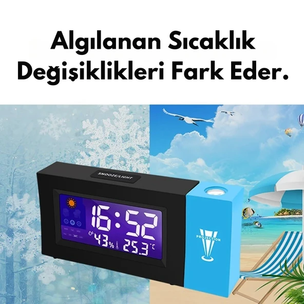 Monozone Masaüstü Yansıtmalı Saat Tarih Derece Nem Ölçer Alarmlı Projektör Masa Saati 180 ° Yansıtma - 3