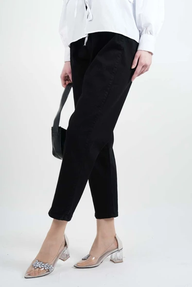 Bayan Kot Pantolon Bel Lastikli Mom Jeans Siyah