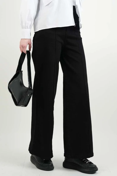 Bayan Bol Paça Kot Pantolon Palazzo Denim Siyah - 2